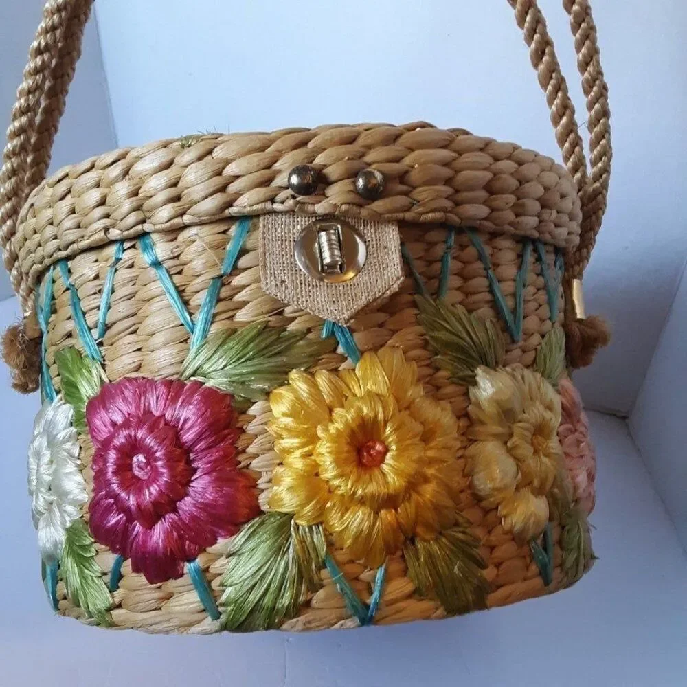 Vintage 70's Straw Floral Hats/ Tote Bag